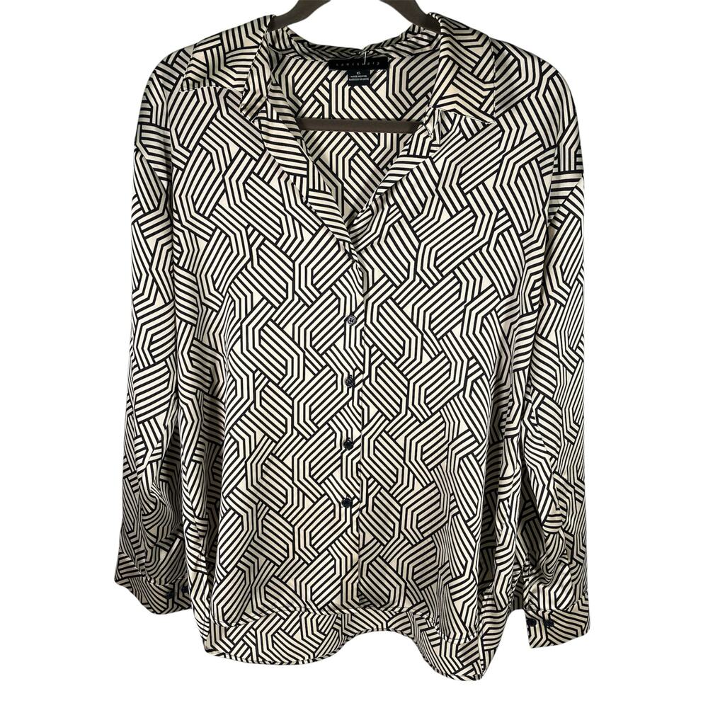 Sanctuary Black White Geometric Button Down Blouse XS Long Sleeve Work Shirt Top